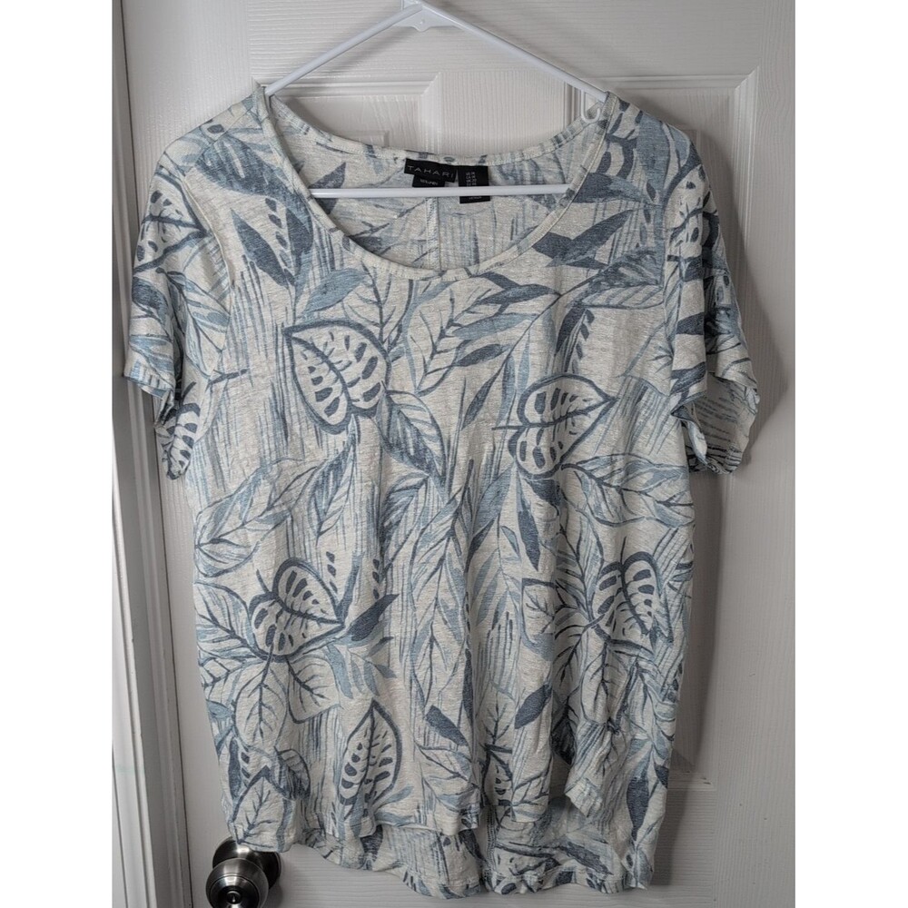 Tahari 100% Linen Cream and Blue Botanical Short Sleeve Tee Size 1X